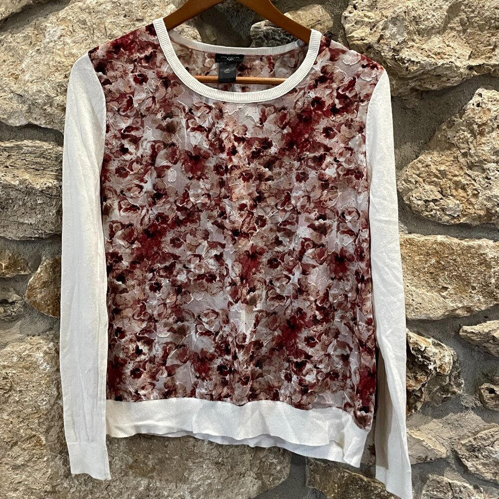 Ann Taylor Petite Shirt Sheer Floral Body with Lightweight Knit Sleeves Size LP
